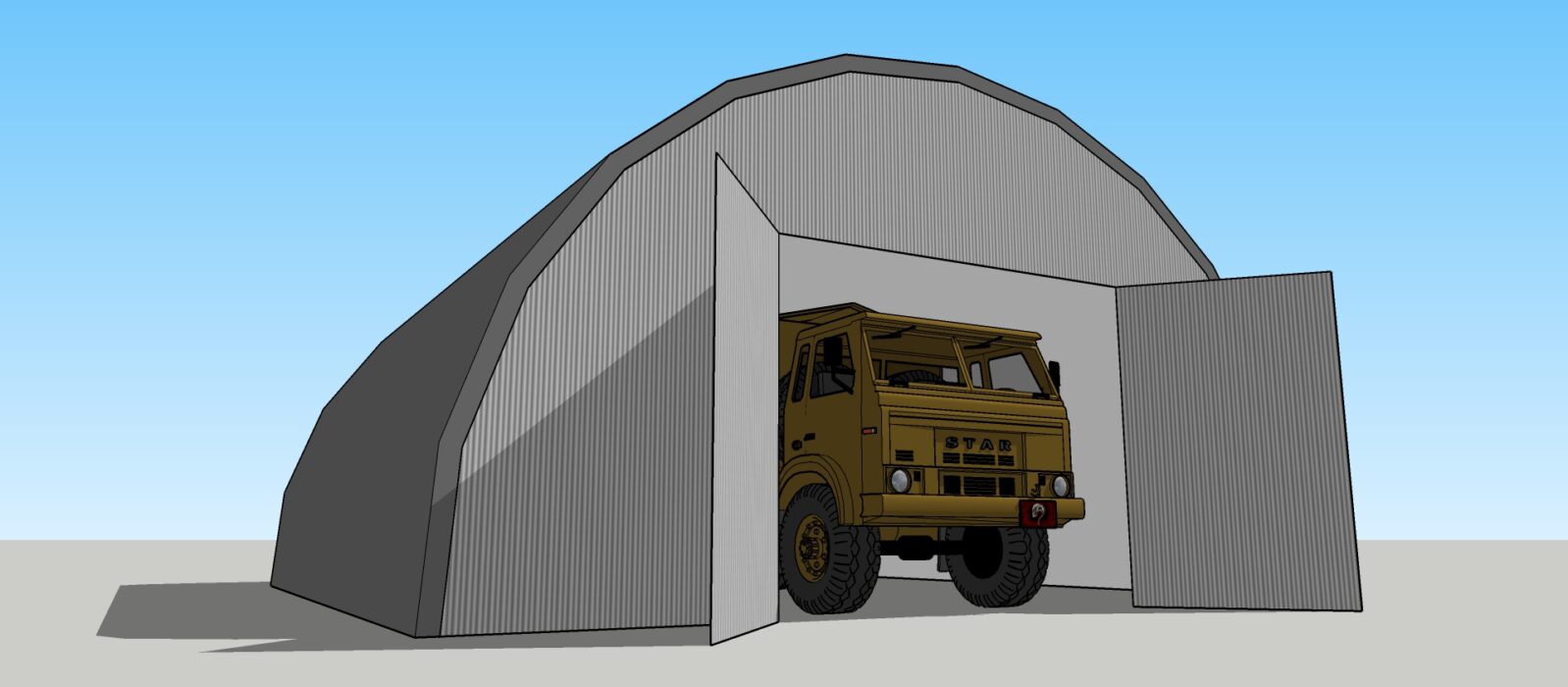 Wizualizacja hali namiotowej z otwieranymi skrzydłami bramy, w której znajduje się wojskowa ciężarówka marki STAR. Konstrukcja hali ma łukowy kształt i jest pokryta szarym materiałem, zapewniającym ochronę pojazdu przed warunkami atmosferycznymi. Obiekt prezentuje funkcję magazynową lub garażową.