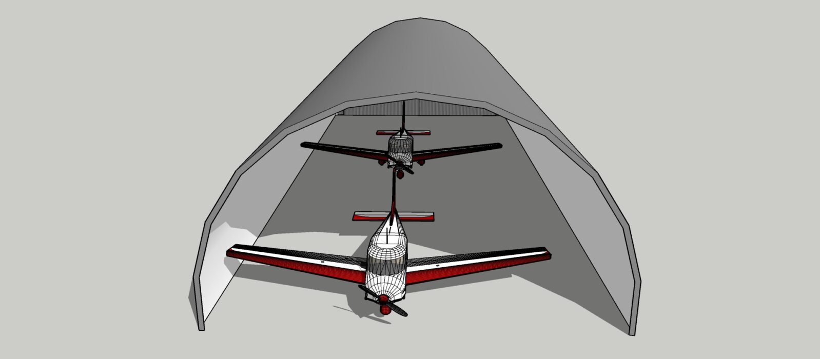 Wizualizacja hali namiotowej pełniącej funkcję hangaru lotniczego, wewnątrz której znajdują się dwa małe samoloty. Konstrukcja hali ma łukowy kształt i zapewnia przestrzeń do bezpiecznego przechowywania sprzętu lotniczego. Samoloty ustawione są w jednej linii, gotowe do przemieszczenia.