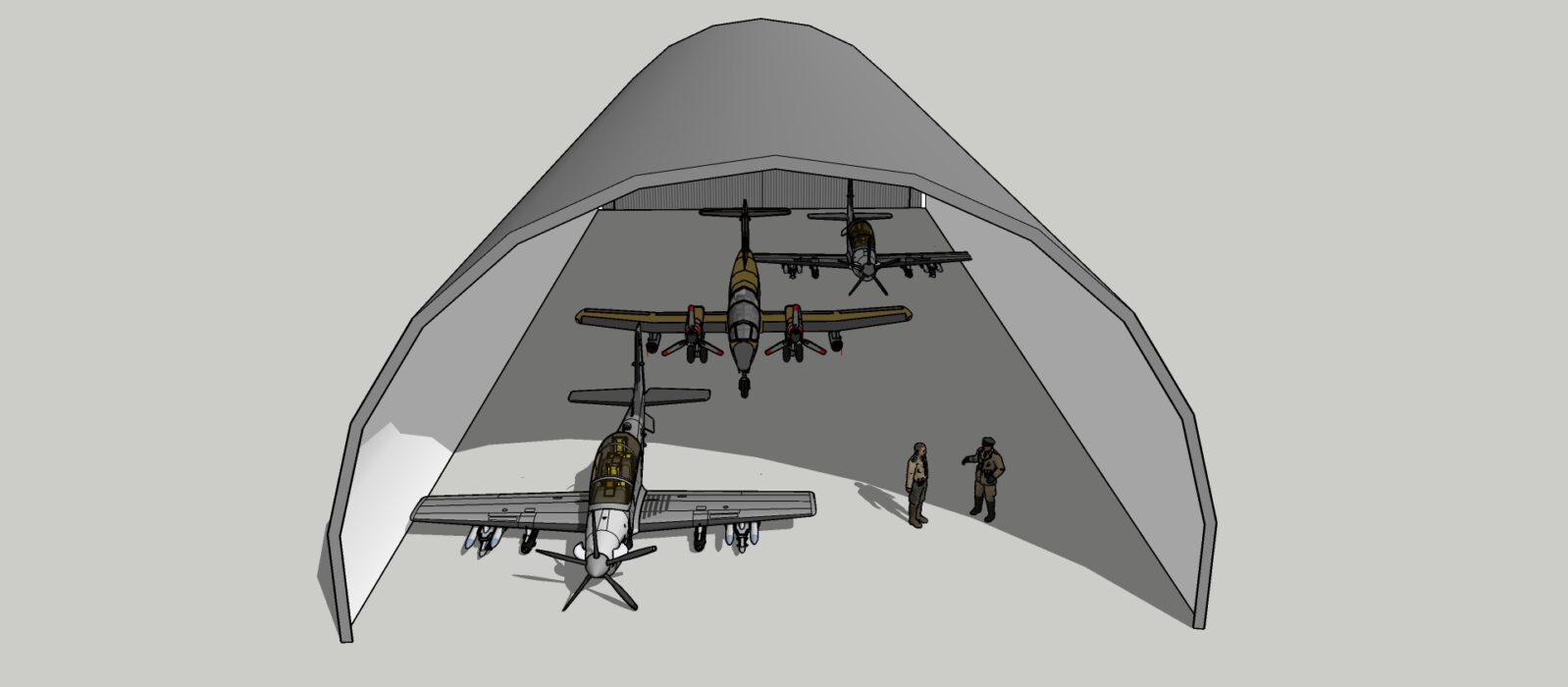 Hala namiotowa w formie hangaru lotniczego, wewnątrz której znajdują się trzy samoloty wojskowe oraz dwie postacie pilotów. Przestronna konstrukcja łukowa umożliwia bezpieczne przechowywanie i obsługę maszyn powietrznych.