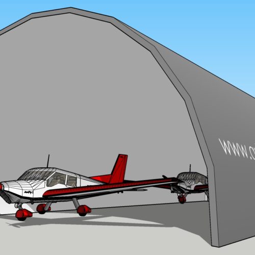 Hala namiotowa pełniąca funkcję hangaru dla lekkich samolotów, z widocznymi dwoma maszynami ustawionymi wewnątrz. Konstrukcja ma łukowy kształt i szare poszycie z oznaczeniem strony internetowej „arbena.pl”. Obiekt zapewnia osłonę dla sprzętu lotniczego przed niekorzystnymi warunkami pogodowymi.