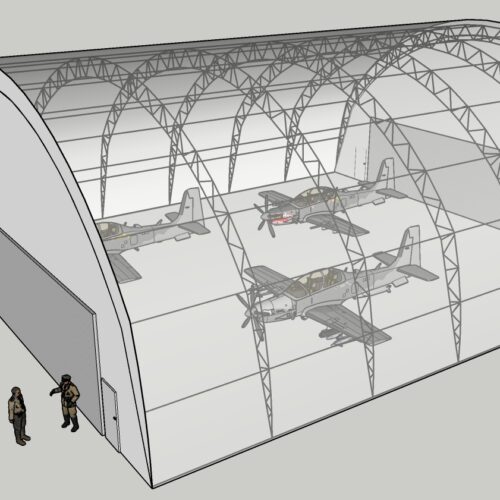 Przezroczysta wizualizacja hali namiotowej typu hangar, w której znajdują się trzy samoloty wojskowe. Konstrukcja oparta na stalowych łukach zapewnia dużą przestrzeń do przechowywania i obsługi statków powietrznych. Przed wejściem widoczne są dwie postacie w strojach pilotów.