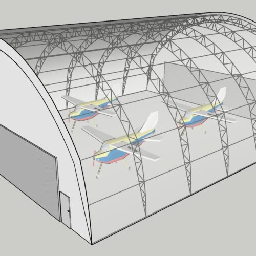 Wizualizacja przestronnej hali namiotowej marki Shelterall, przystosowanej do przechowywania kilku lekkich samolotów. Konstrukcja oparta na stalowym szkielecie i trwałym poszyciem.