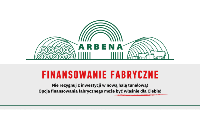 Informacja o finansowaniu fabrycznym, w tle logo arbena oraz rysunki hal dla bydła i na baloty