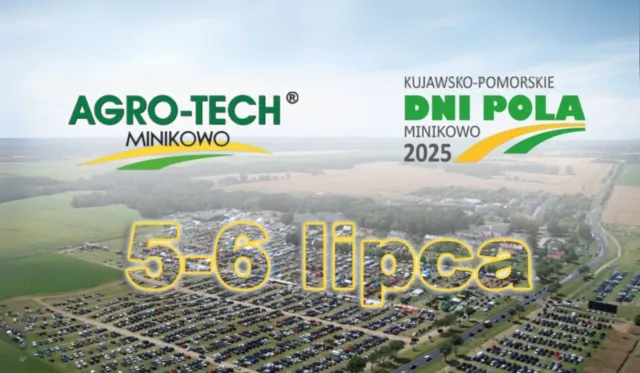 Logo targów Minikowo wraz z ich datą, w tle zdjęcie z lotu ptaka na teren wystawy