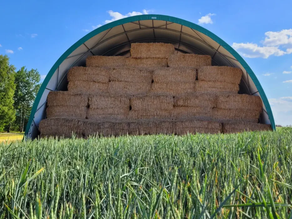 Łukowa hala o wymiarach 15x30m zaadaptowana do magazynowania beli siana.